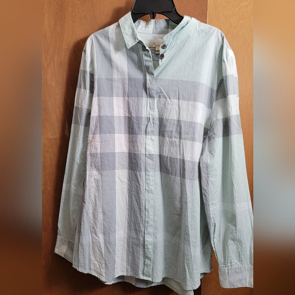 BURBERRY Brit womens button down shirt mint teal green long sleeve top large - Picture 3 of 13